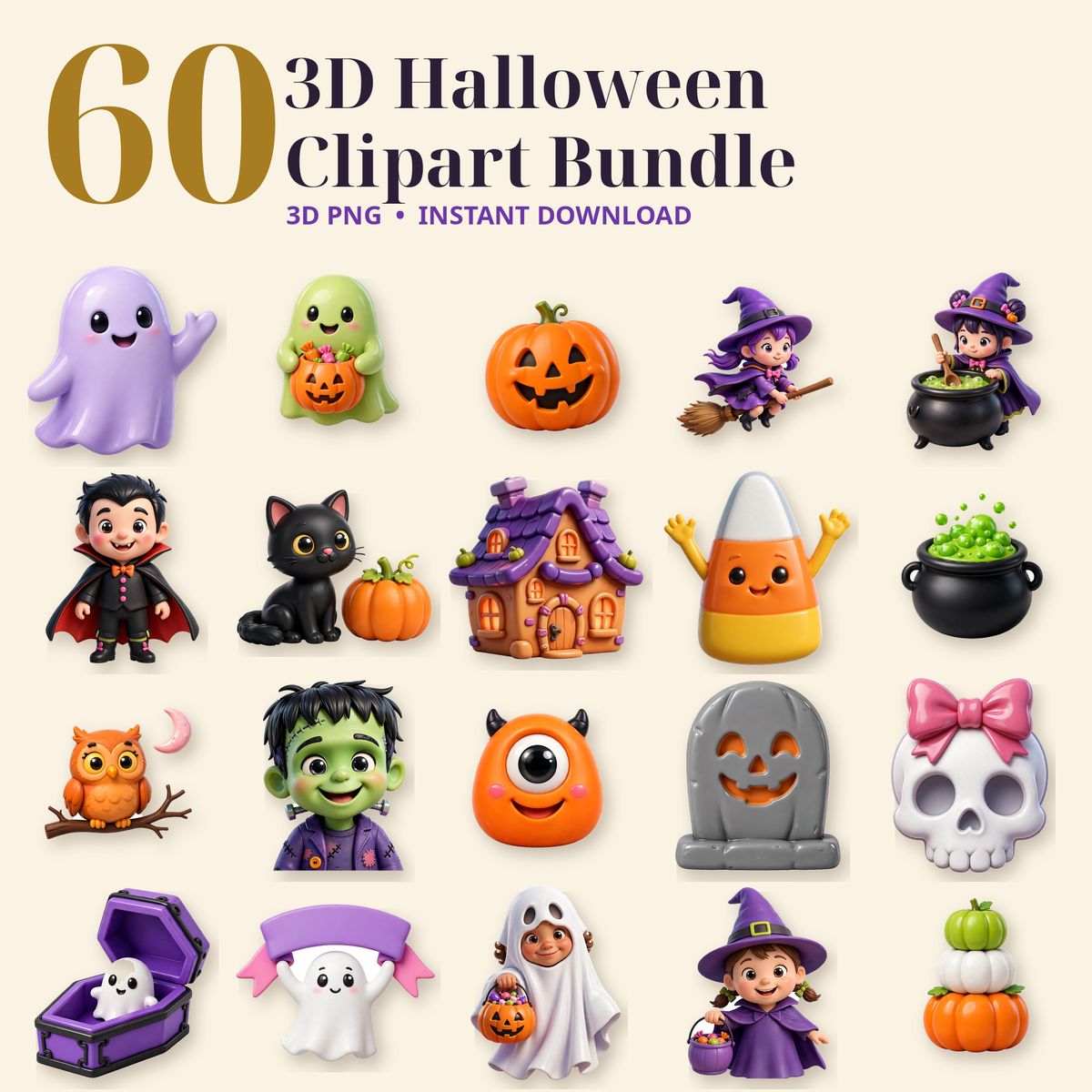 3D Halloween Clipart Bundle, 60 PNG Cute Spooky Sublimation Clipart, Transparent Background, Commercial Use, Instant Download