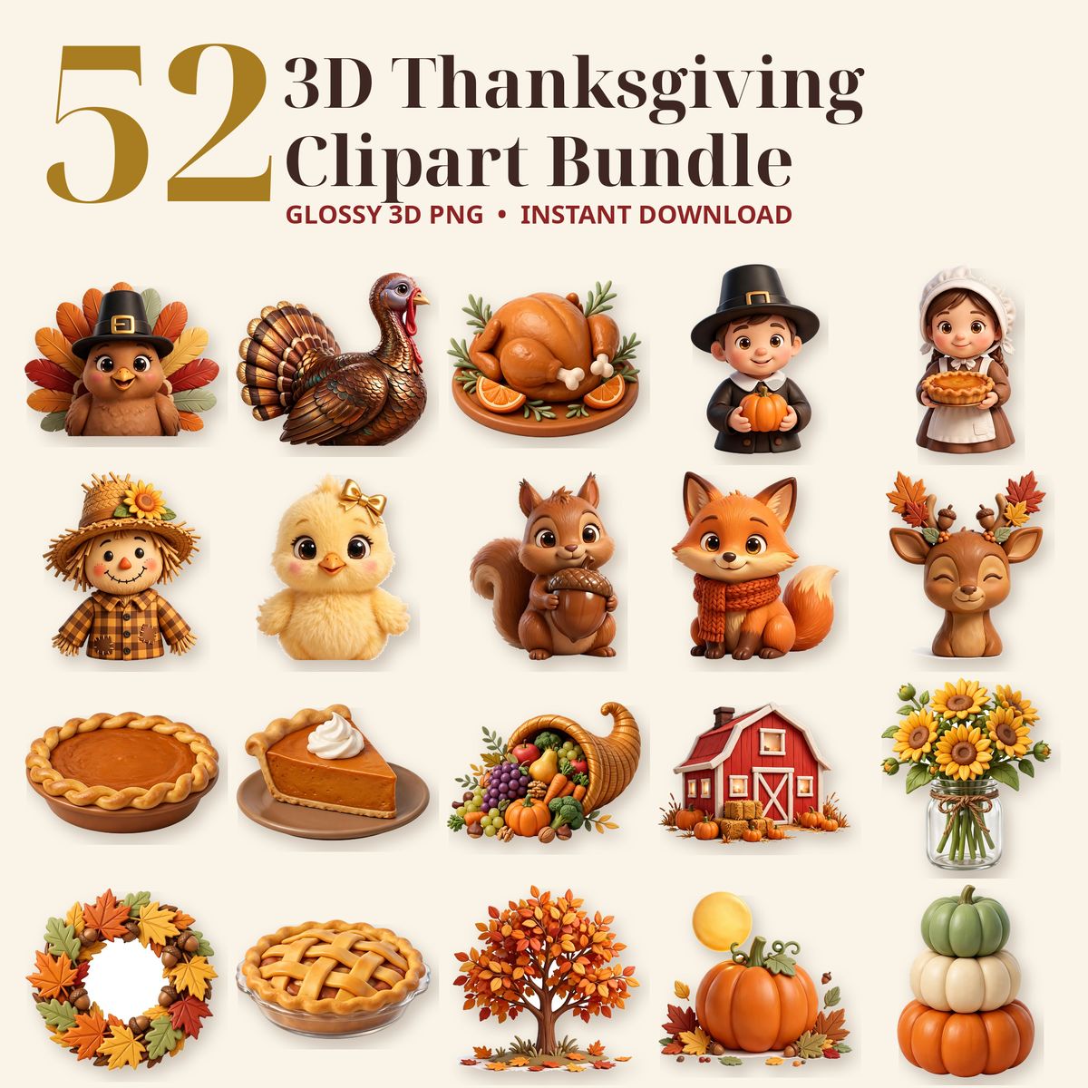 3D Thanksgiving Clipart Bundle, 52 PNG Turkey Sublimation Clipart, Transparent Background, Commercial Use, Instant Download