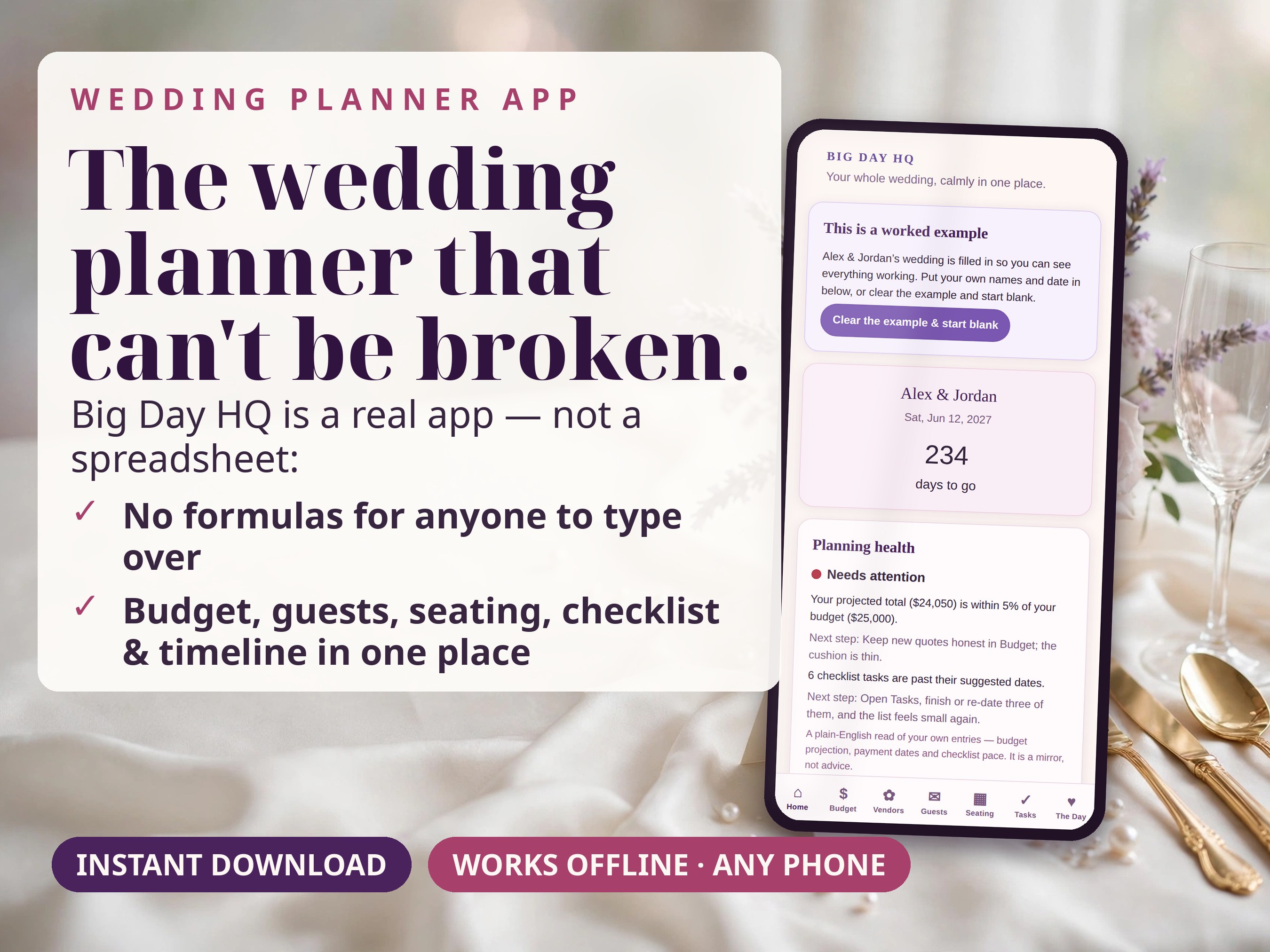 DIY Wedding Planner App — Budget Tracker, Guest List, Seating Chart, Checklist & Timeline | No Spreadsheet to Break, Works on Your Phone