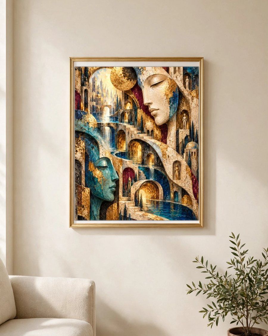 Blue Gold Abstract Face Wall Art, Luxury Gold Mosaic Print, Coastal Mediterranean Decor, Statement Wall Art Printable, Digital Download