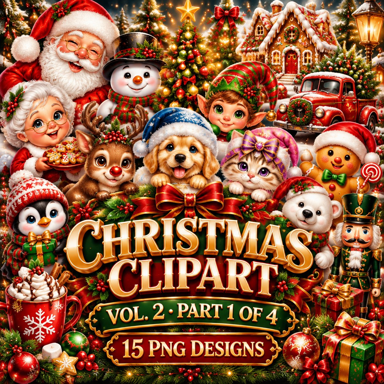 Christmas Clipart Bundle Vol. 2 Part 1 | 15 Transparent PNG | Peeking Santa, Snowman, Puppy, Kitten | Commercial Use