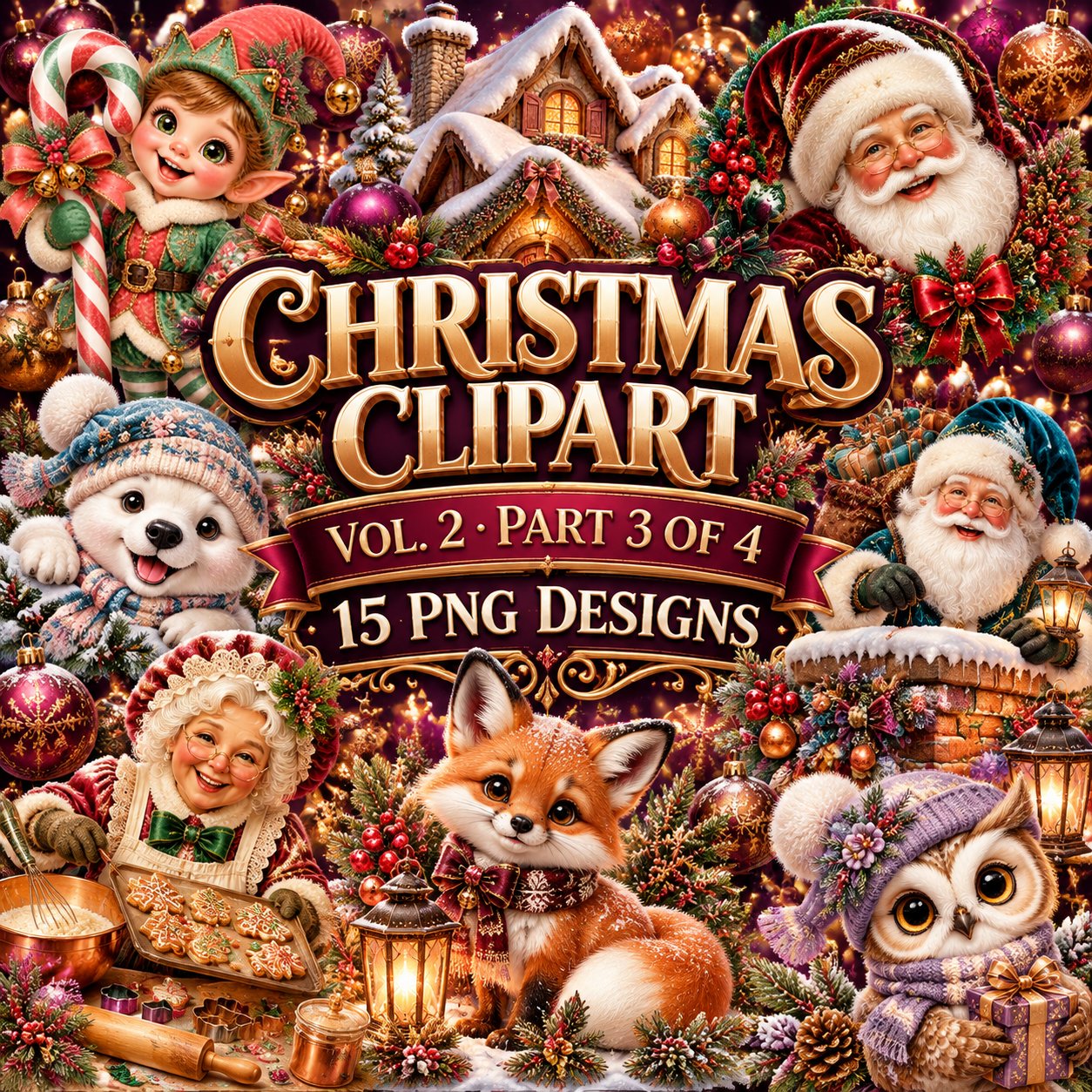 Christmas Clipart Bundle Vol. 2 Part 3 | 15 Transparent PNG | Round Badges, Cozy Cottage, Carolers, Fox | Commercial Use