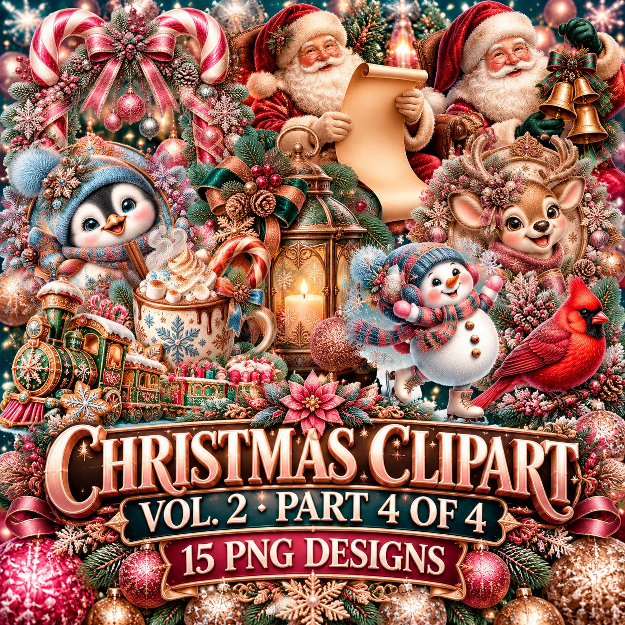 Christmas Clipart Bundle Vol. 2 Part 4 | 15 Transparent PNG | Badges, Lantern, Cardinal, Fireplace | Commercial Use