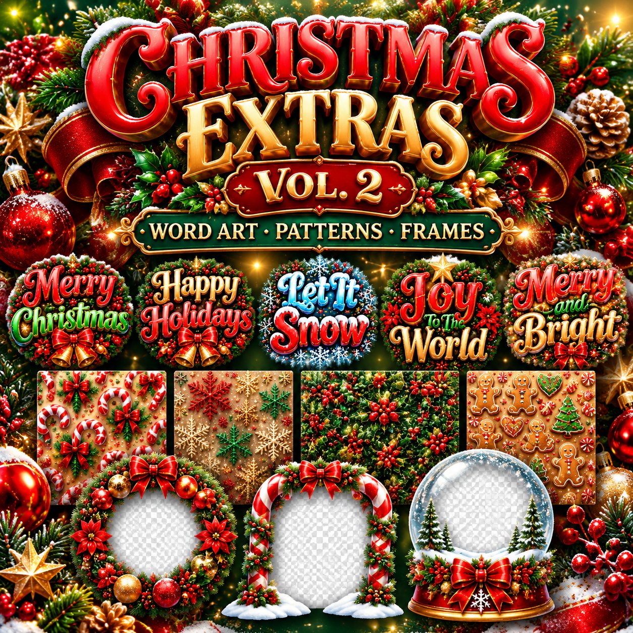 Christmas Word Art Patterns Frames Vol. 2 Extras | 12 Transparent PNG | Merry Christmas, Let It Snow | Commercial Use