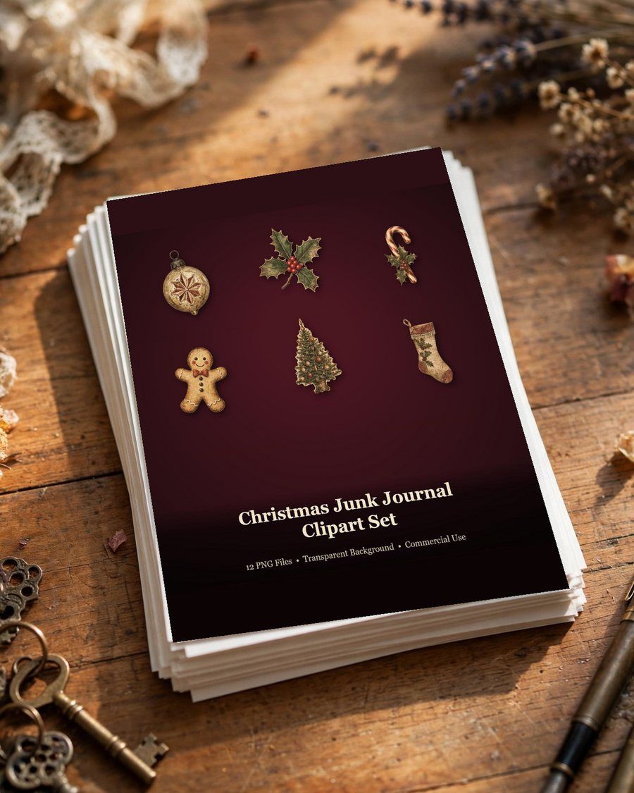 Christmas Junk Journal Clipart, 4 Vintage Holiday Ephemera PNG, Ornament Gingerbread Stocking, Retro Scrapbook Clipart, Digital Download
