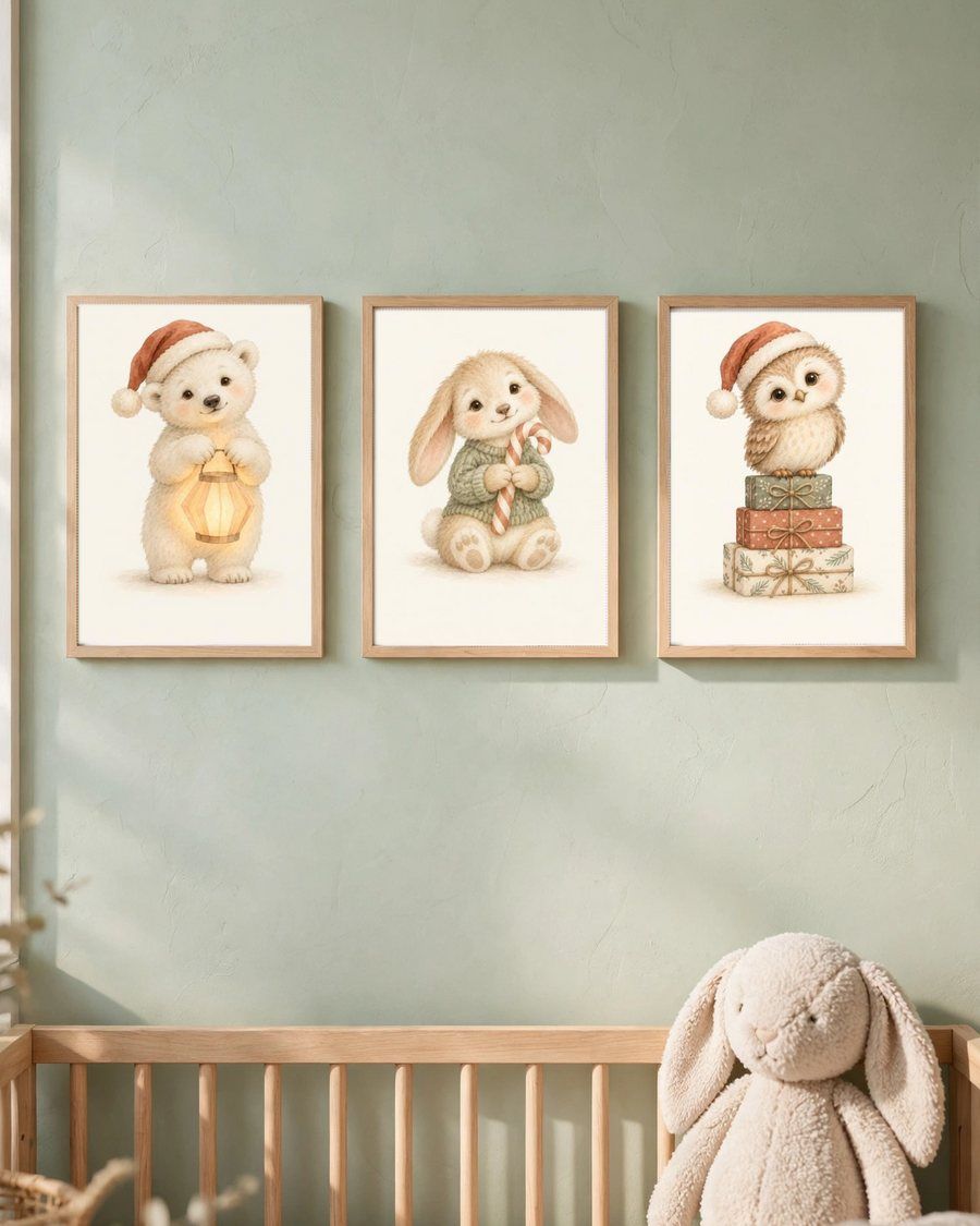 Christmas Nursery Wall Art Set of 10, Watercolor Woodland Animal Prints, Neutral Winter Nursery Decor, First Christmas, Digital Download