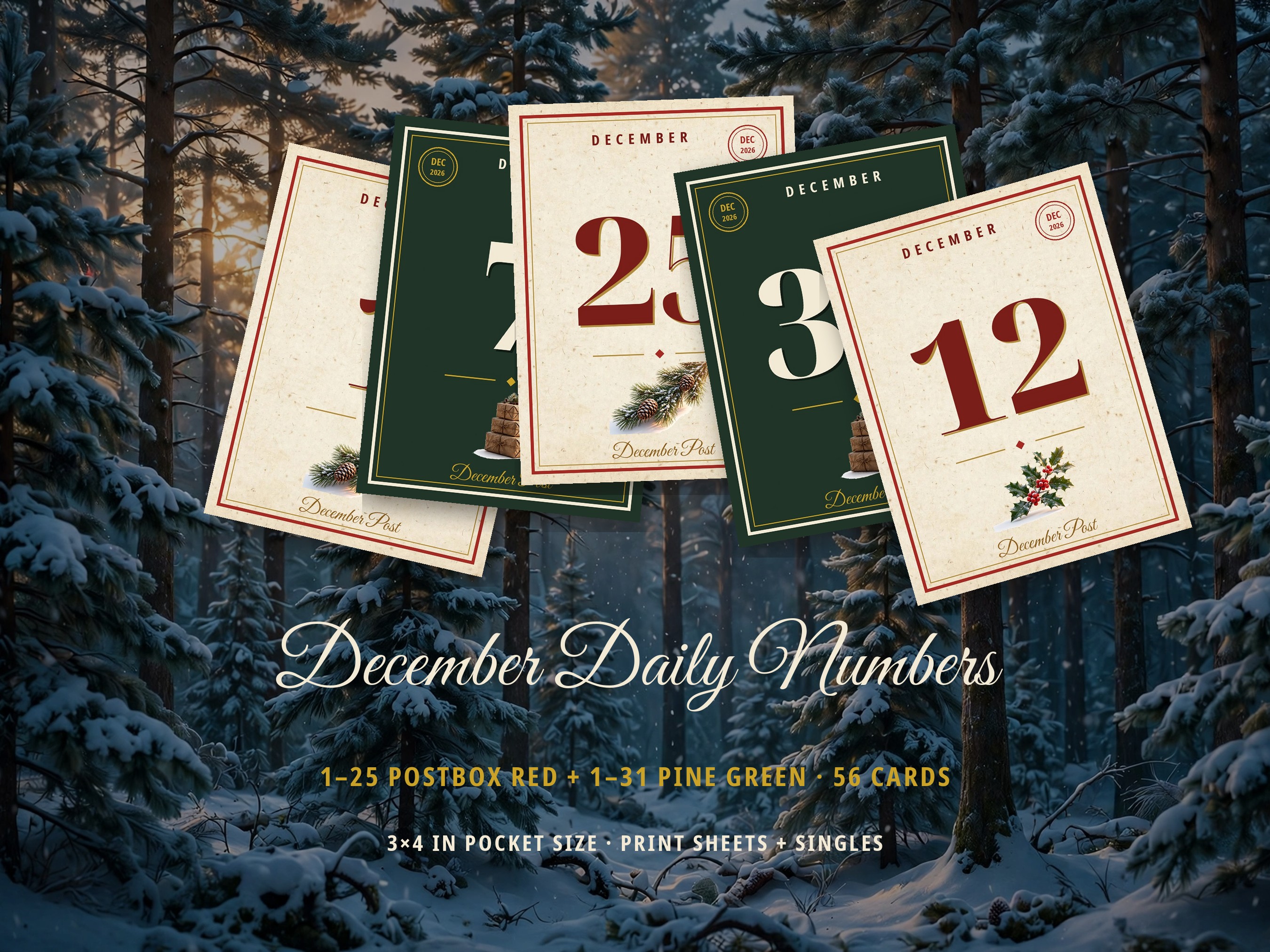 December Daily Numbers 1-25 & 1-31, Christmas Junk Journal Add-On Kit, Vintage Christmas, 56 Cards 3x4, 8.5x11 Printable Digital Download