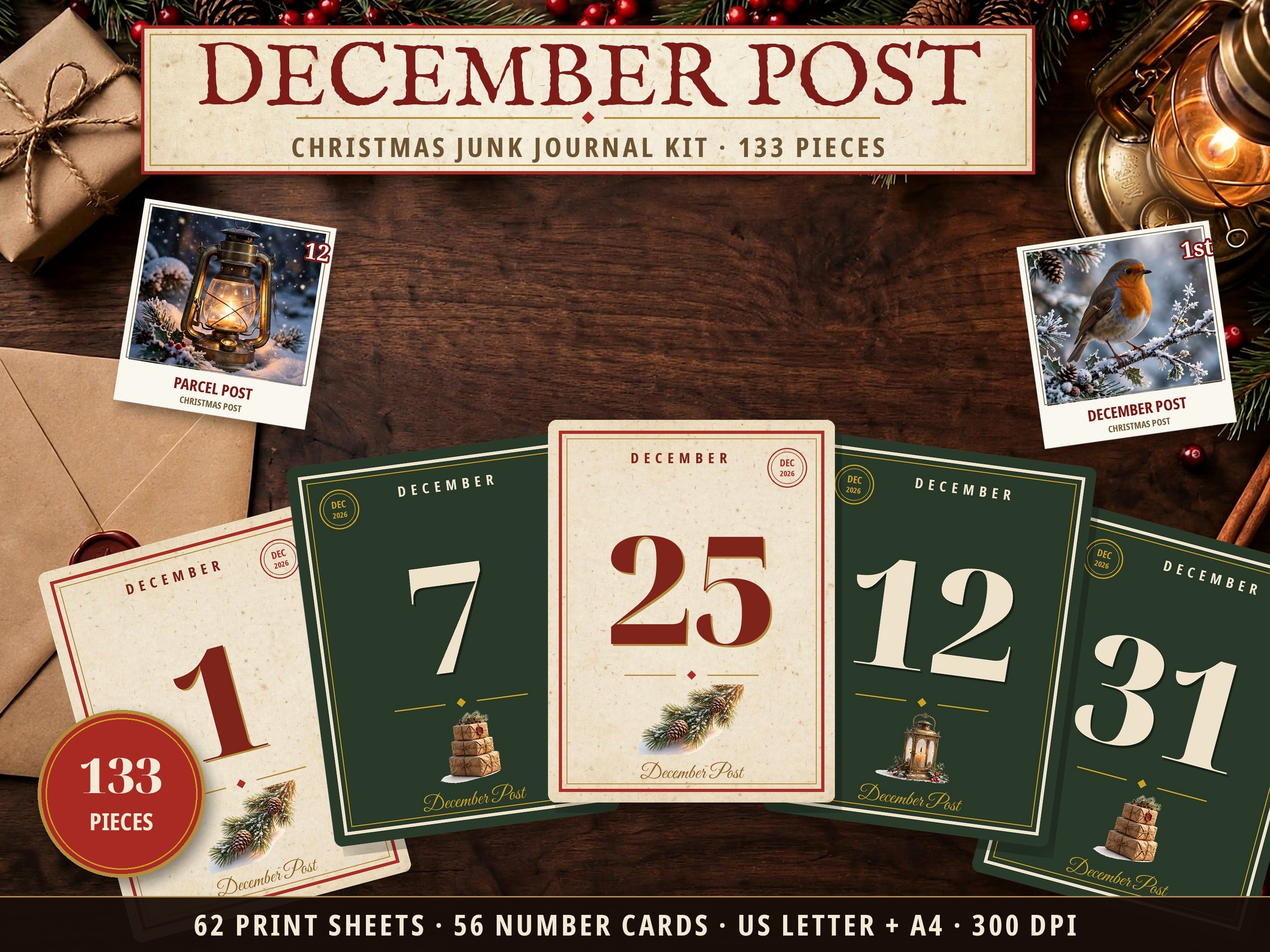 December Post Christmas Junk Journal Kit, December Daily Numbers, Vintage Christmas Ephemera, 133 Pieces 8.5x11 Printable Digital Download