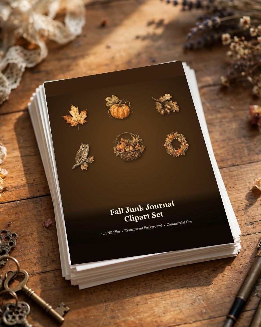 Fall Junk Journal Clipart, 4 Vintage Autumn Ephemera PNG, Maple Leaf Pumpkin Owl, Thanksgiving Scrapbook Clipart, Digital Download