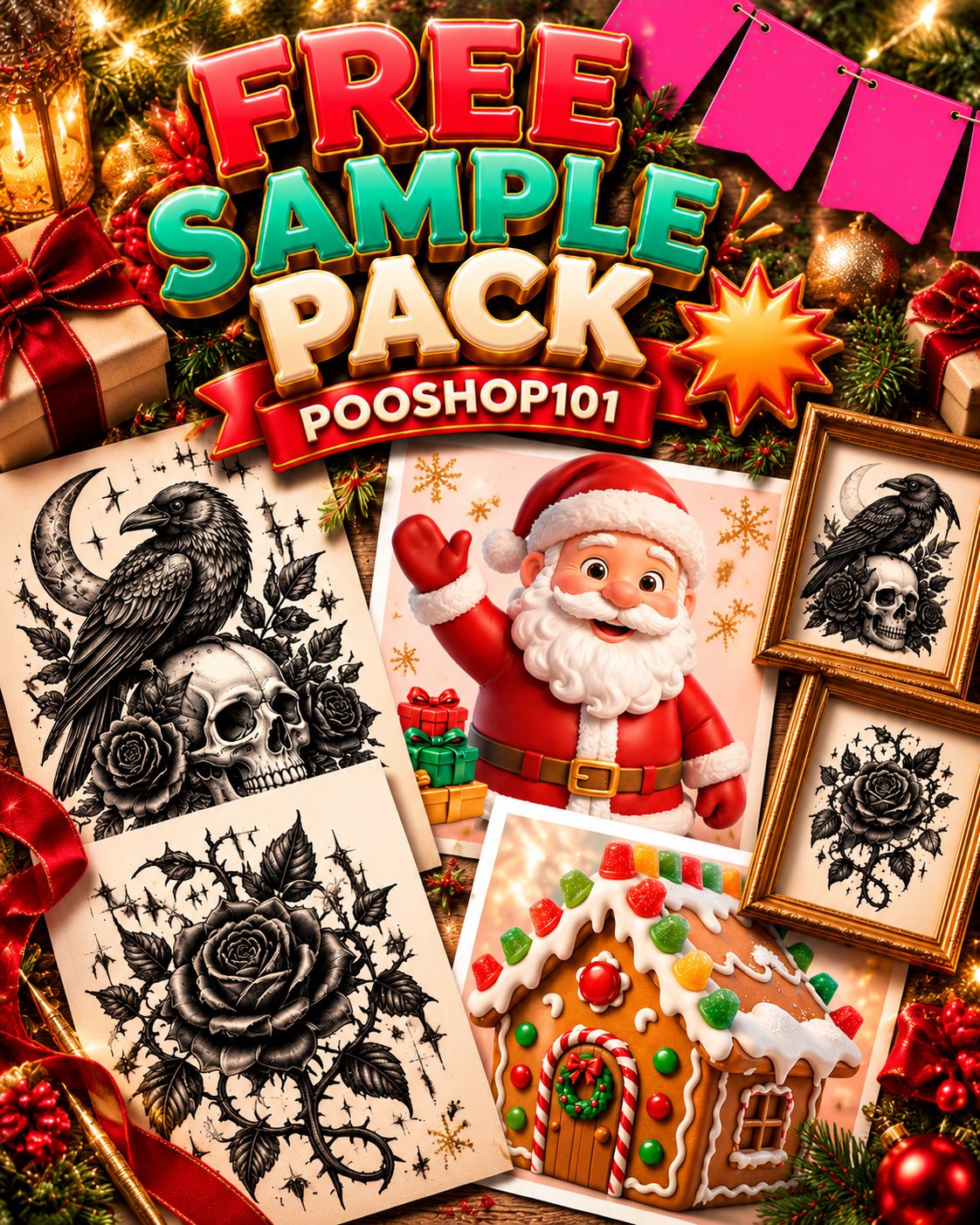 Pooshop101 Free Sample Pack cover — tattoo flash, Santa clipart, wall art and a gingerbread house