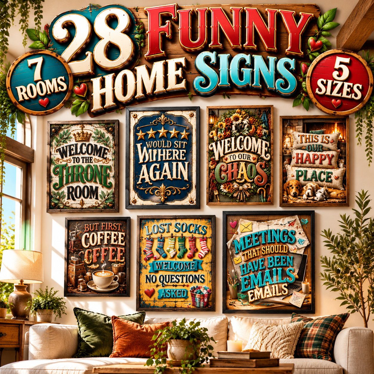 Funny Home Sign Bundle | 28 PRINTABLES | Whole House Wall Art Set | Bathroom Laundry Kitchen Coffee Living Room Gym Decor | Digital Download