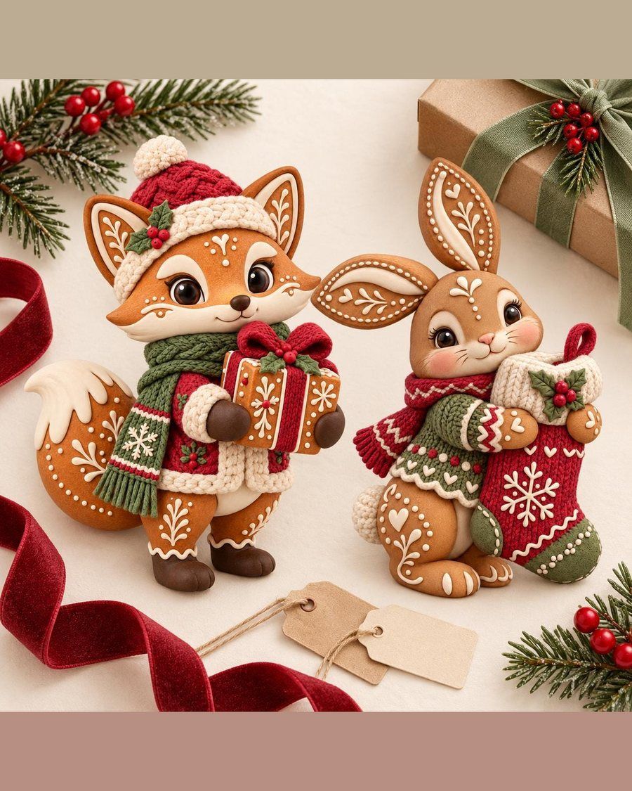 Gingerbread Christmas Clipart PNG, Cute Fox Bunny Cookie Characters, 3D Clay Style Holiday Clipart, Woodland Christmas PNG, Digital Download