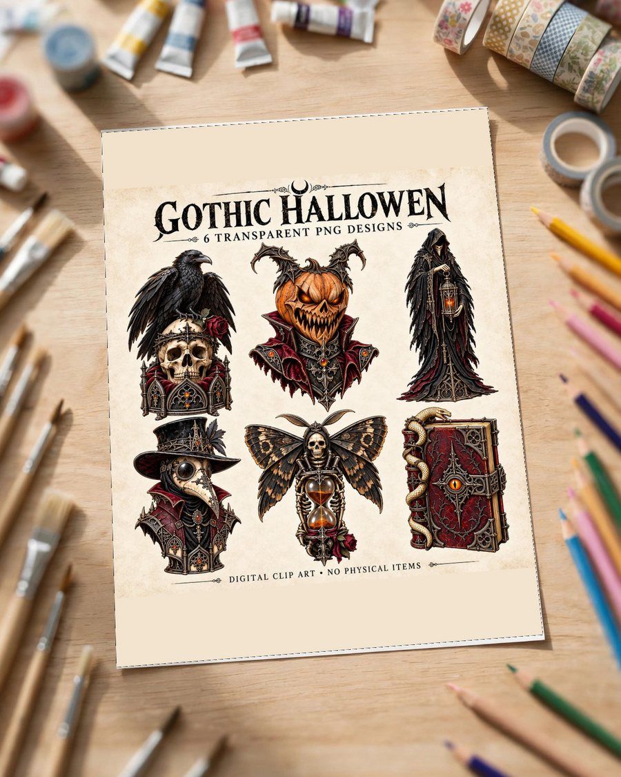 Gothic Halloween Clipart Bundle, Victorian Dark Fantasy PNG, Raven Skull Plague Doctor Art, Dark Academia Clipart, Digital Download