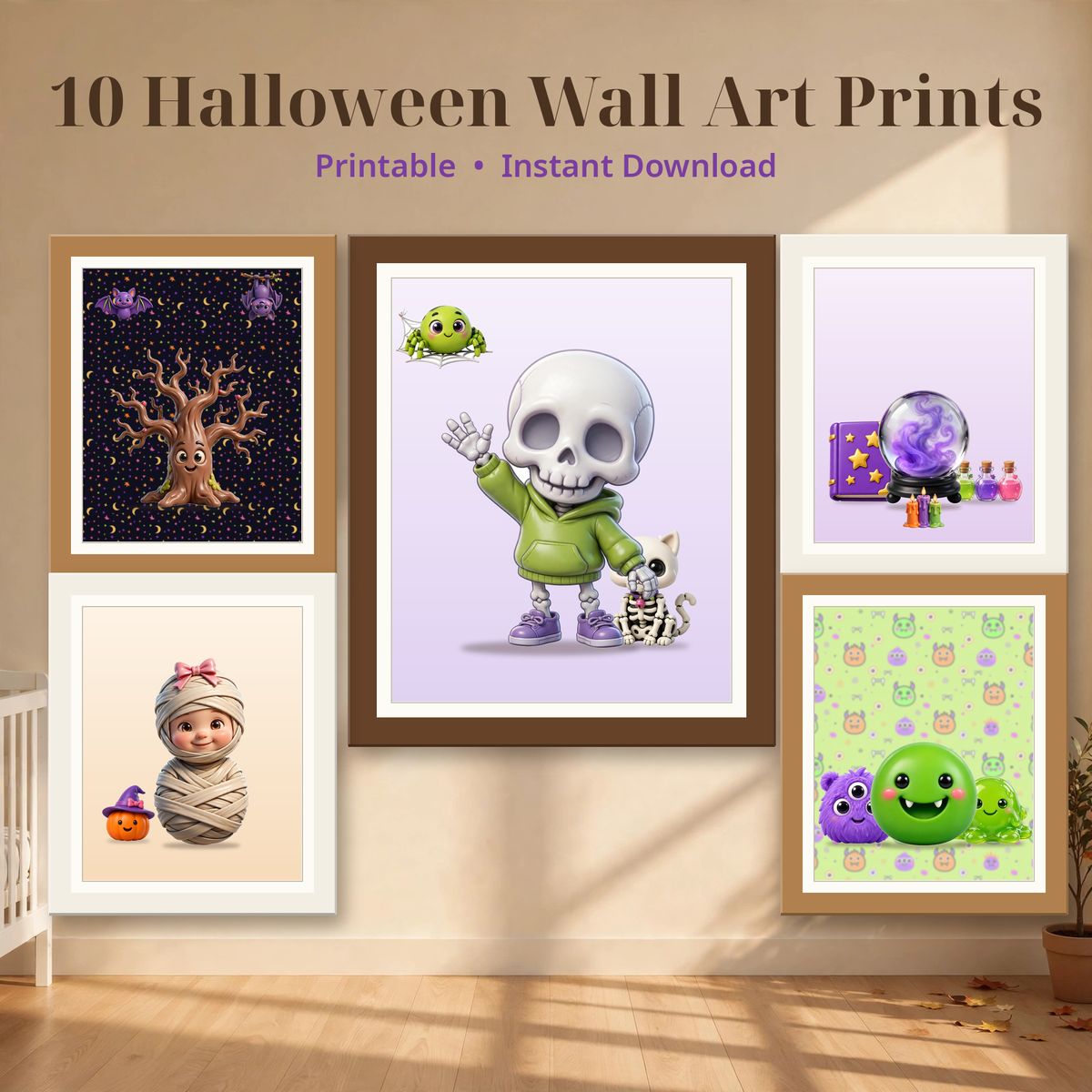 Set of 10 Halloween Wall Art Prints, Cute 3D Skeleton & Zombie Kids Room Decor, Printable Spooky Gallery Wall, Instant Download