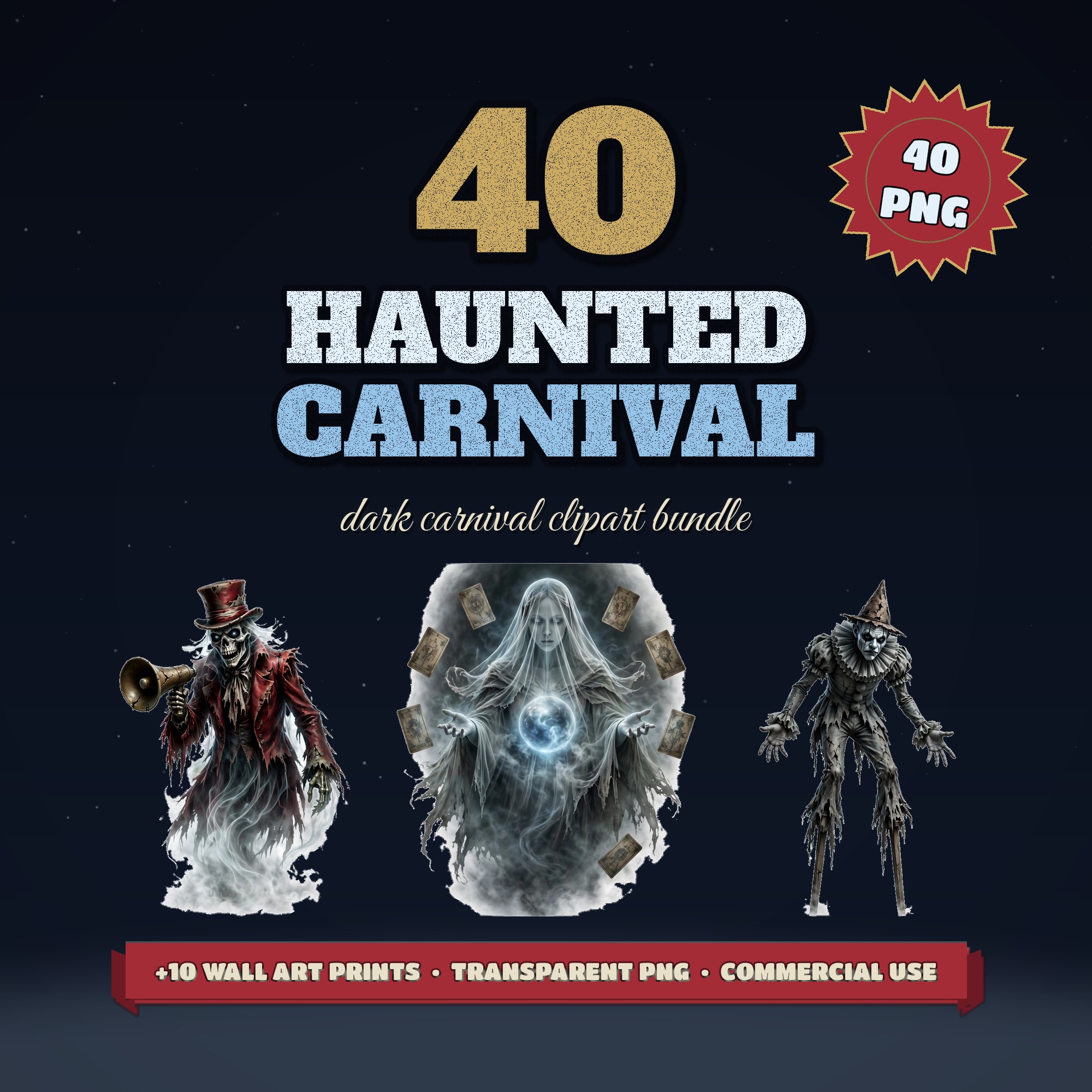 40 Haunted Carnival Clipart Bundle, Dark Circus PNG Pack, Horror Sublimation Designs, Creepy Clown, Fortune Teller, Commercial Use