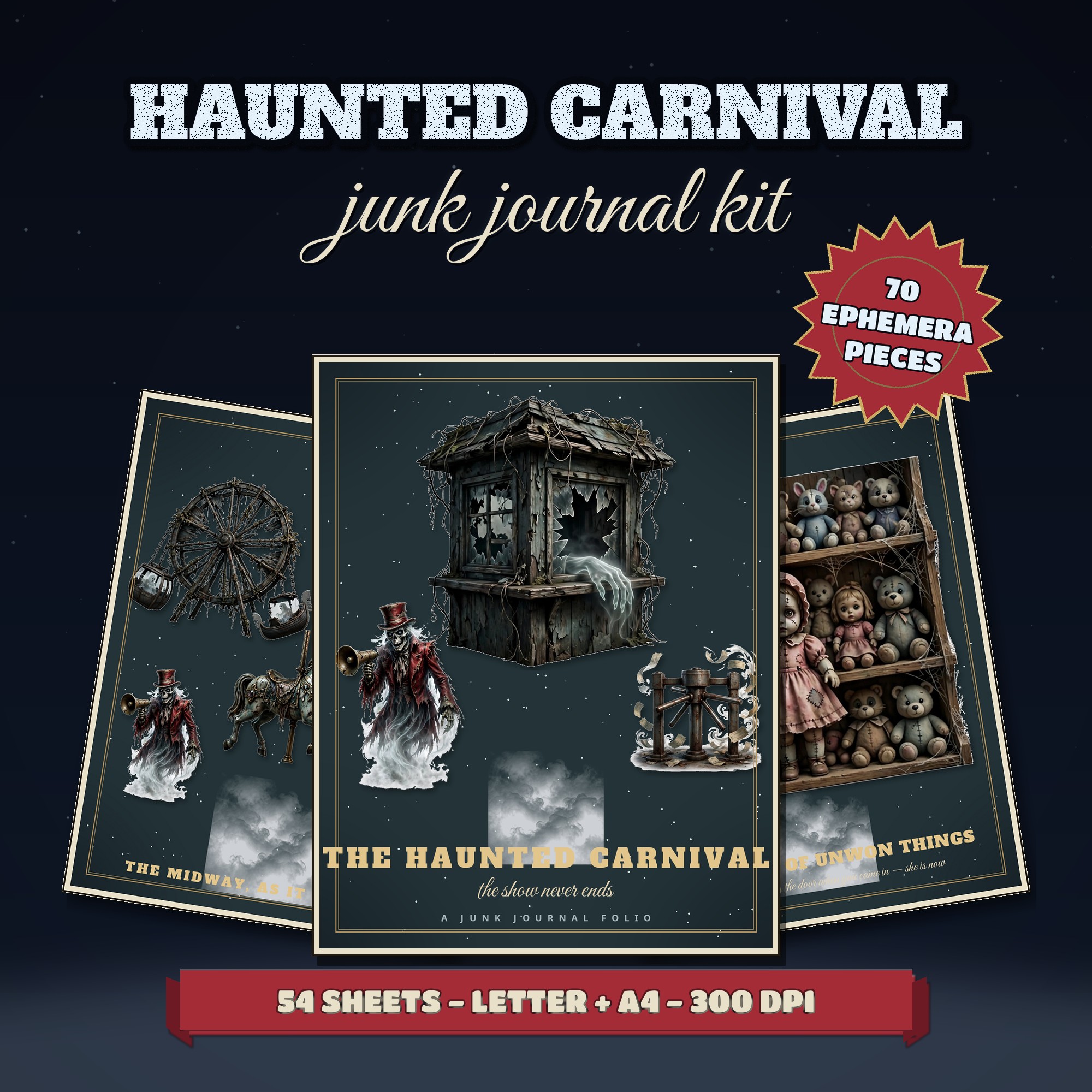 Haunted Carnival Junk Journal Kit Printable, Dark Circus Ephemera, Gatefold Folio Kit, Fussy Cuts, Tags and Tickets, 300 DPI