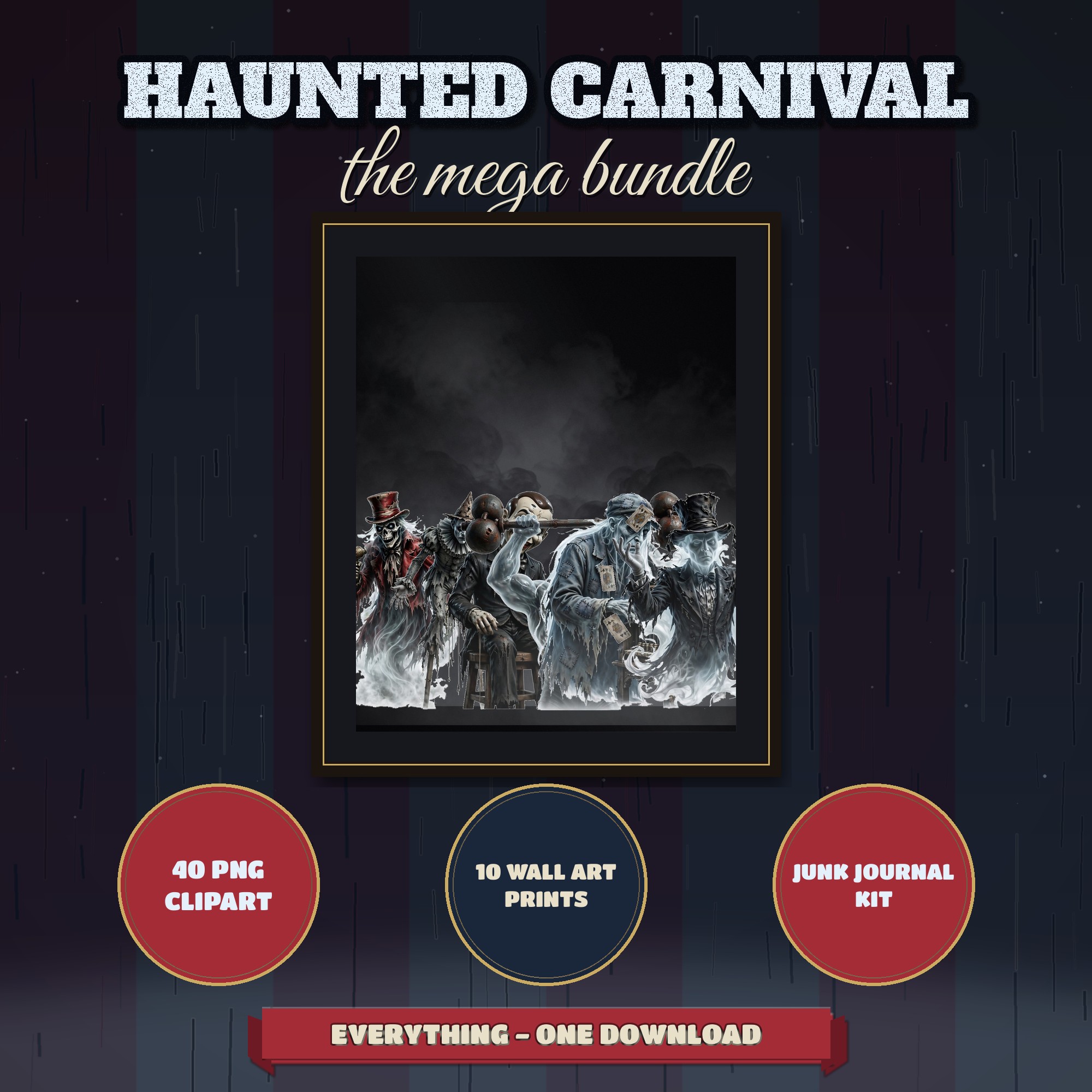 Haunted Carnival Mega Bundle, 40 Clipart PNG + 10 Wall Art Prints, Junk Journal Kit, Dark Circus Bundle, Gothic Craft Kit, Commercial Use