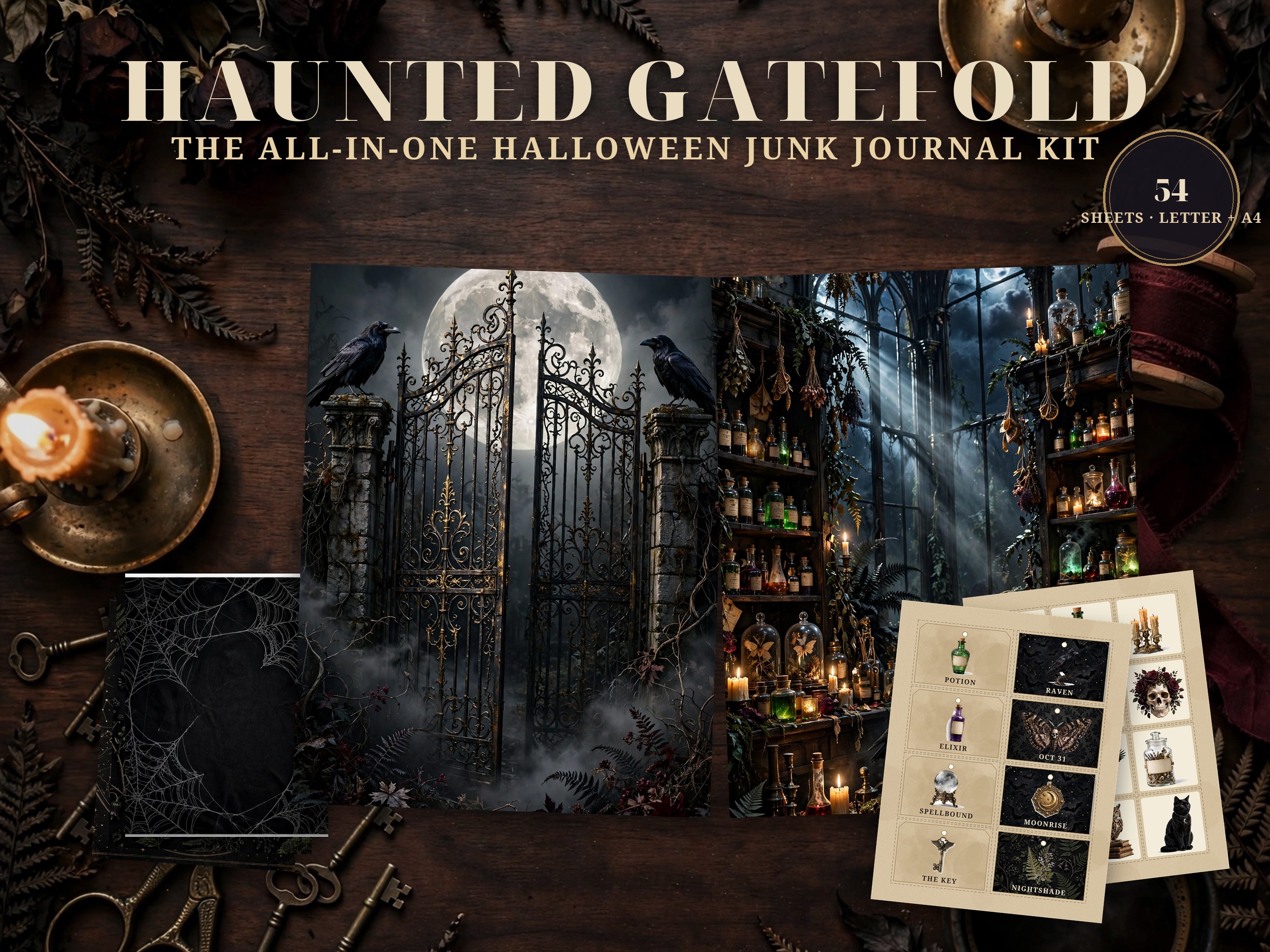 Halloween Junk Journal Kit Printable, Gothic Gatefold Folio Kit, Witchy Ephemera Pack, Fussy Cuts, Tags & Tickets, Grimoire Pages, 300 DPI
