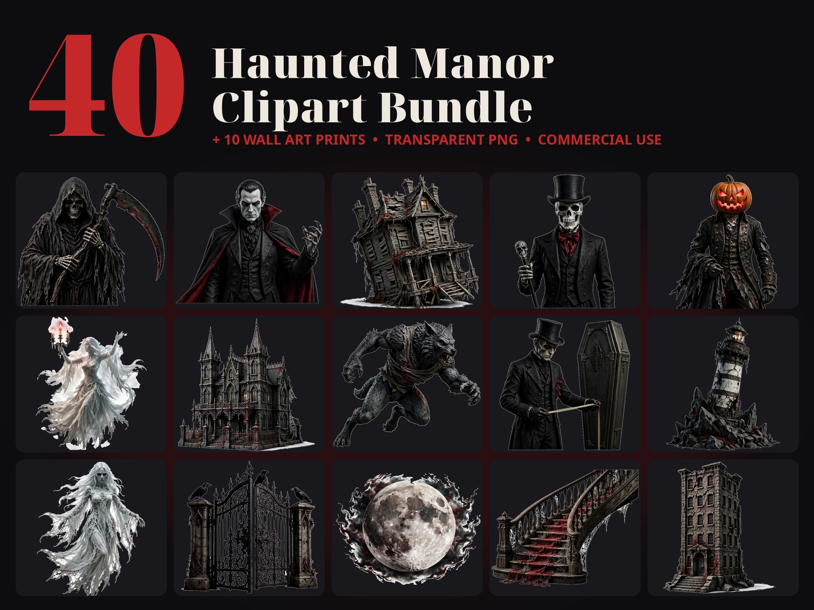 Haunted House Halloween Clipart, 40 Scary Horror PNG + 10 Prints, Grim Reaper, Haunted Manor Sublimation, Party Decor, Commercial Use
