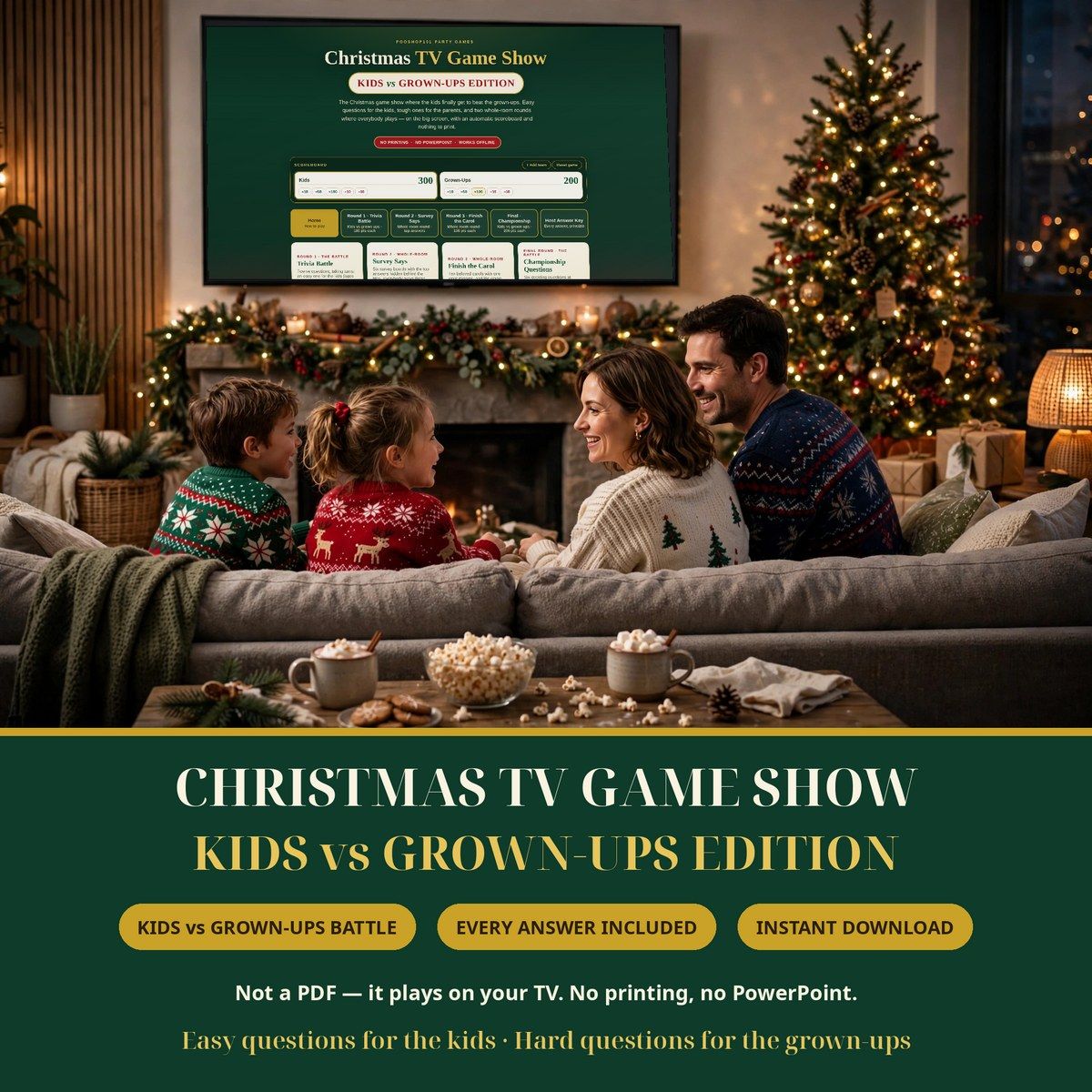 Kids vs Grown-Ups Christmas TV Game Show, Interactive Family Christmas Games for TV, Trivia Quiz, No Print Game Night, Digital Download