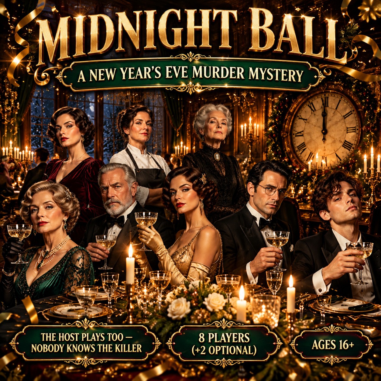 Murder Mystery Dinner Party Game — New Year's Eve 1928 Whodunit for 8 Players (+2 Optional), Printable Kit, Host Plays Too