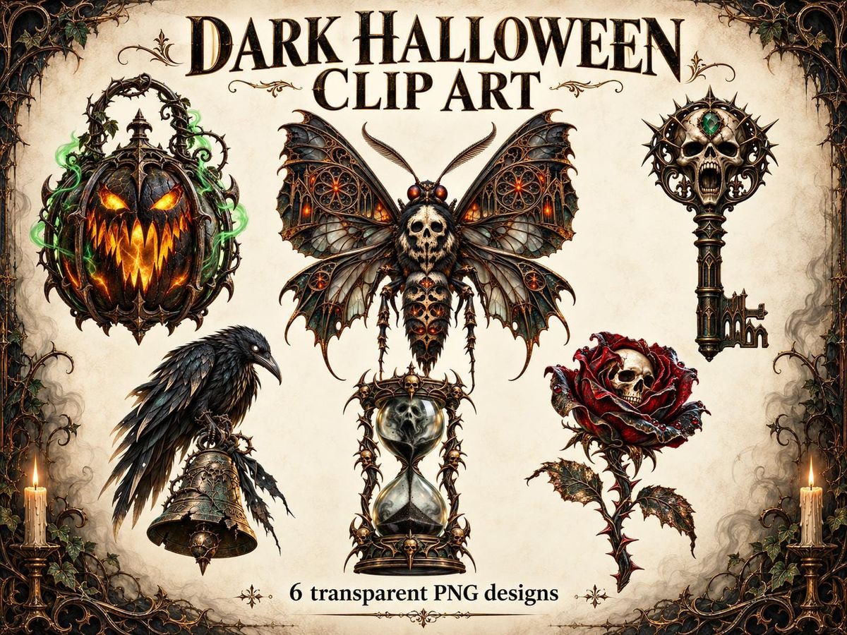 Midnight Reliquary Gothic Halloween Clip Art, 6 Transparent PNG, Raven Death Moth Lantern, Halloween Sublimation PNG, Dark Academia Art