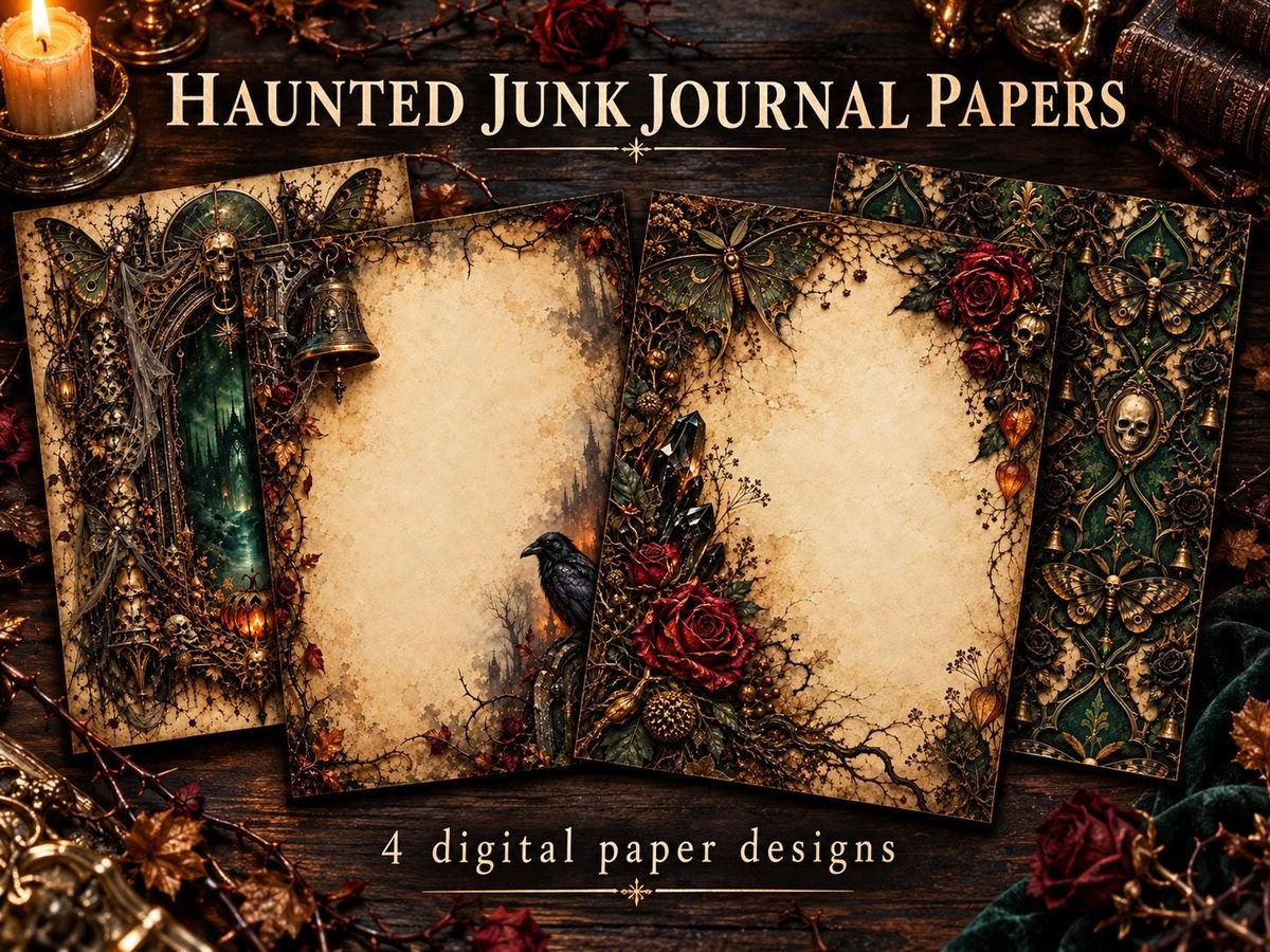 Midnight Reliquary Halloween Junk Journal Papers, 4 Gothic Digital Pages, Haunted Ledger Botanical Ephemera, Printable Junk Journal Kit