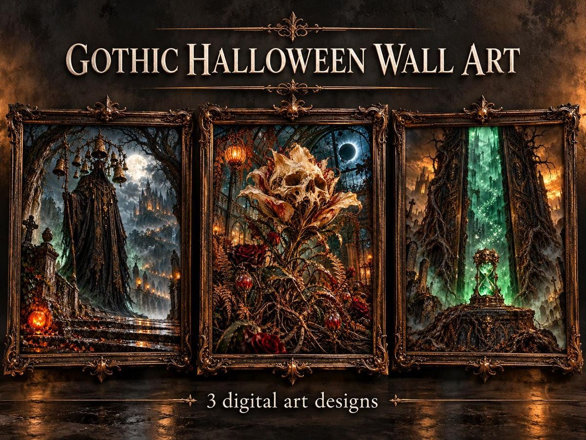Midnight Reliquary Gothic Halloween Mini Prints Set of 3, Dark Academia Wall Art, Haunted Greenhouse Graveyard, Spooky Gallery Wall Decor