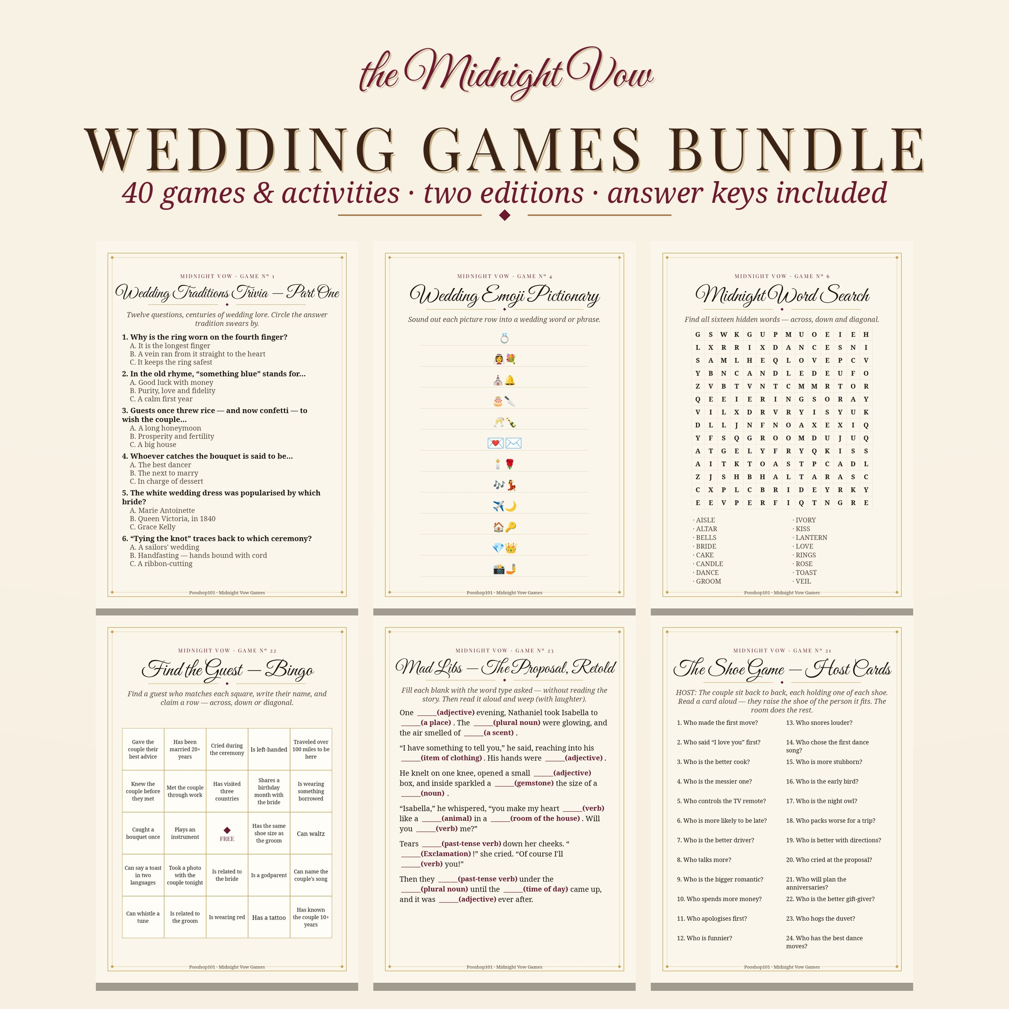 40 Wedding Games Bundle Printable, Wedding Reception Games, Dark Romance Bridal Shower Games Set, Editable 5x7 + 8x10, Answer Keys Included