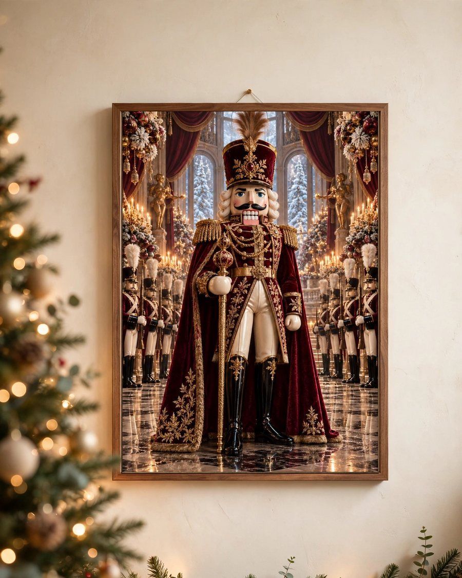 Nutcracker Wall Art Print, Christmas Burgundy Holiday Decor, Vintage Nutcracker Printable, Traditional Christmas Art, Digital Download