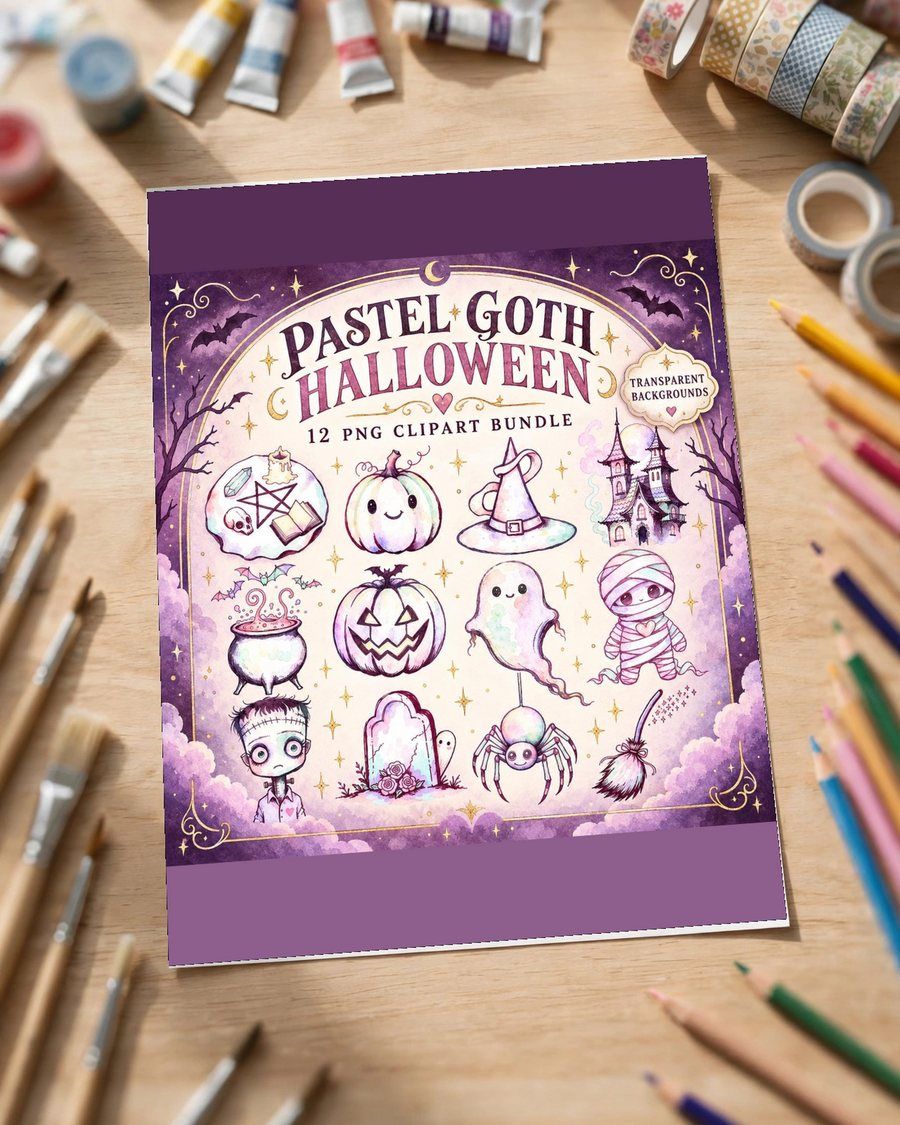 Pastel Goth Halloween Clipart, 12 Cute Spooky PNG, Kawaii Ghost Pumpkin Witch Cat, Creepy Cute Clip Art, Digital Download