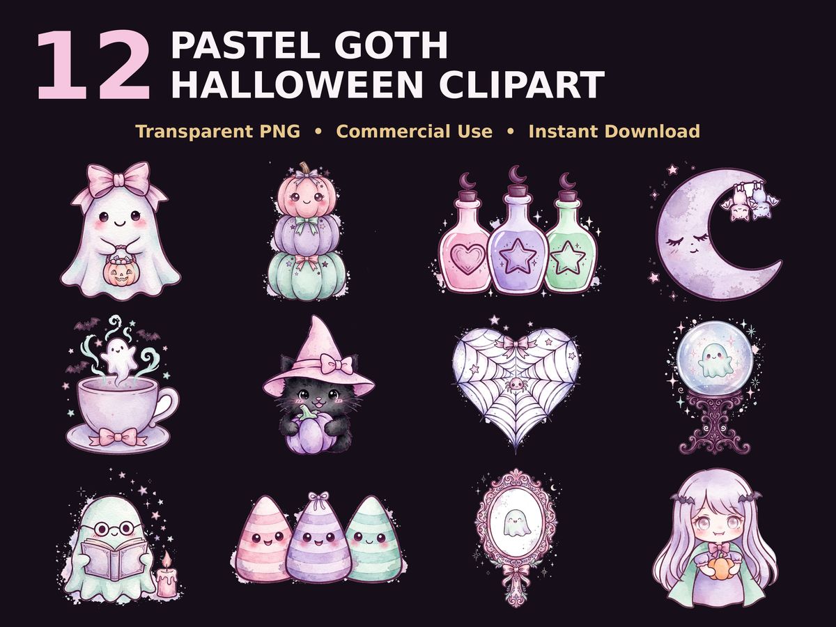 Pastel Goth Halloween Clipart, 12 Cute Spooky PNG Bundle, Kawaii Ghost Pumpkin Watercolor, Sublimation Designs, Commercial Use