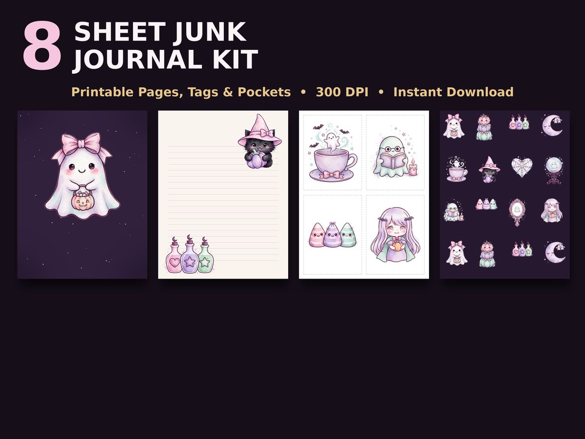 Pastel Goth Halloween Junk Journal Kit, Cute Spooky Ephemera, Printable Pages Tags Pockets, Pastel Halloween Paper, Fussy Cuts