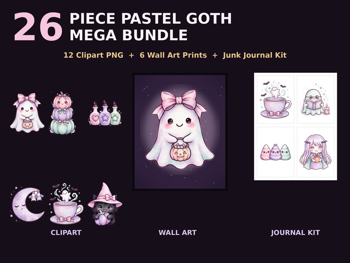 Pastel Goth Halloween Mega Bundle, 12 Clipart PNG, 6 Wall Art Prints, Junk Journal Kit, Cute Spooky Kawaii Halloween Bundle