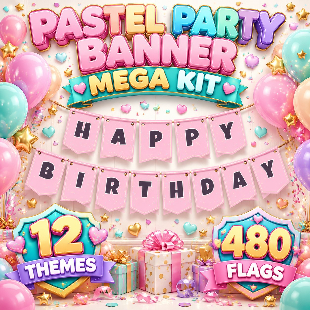 Pastel Party Banner Mega Kit 12 Themes Printable Banner Alphabet Letters Numbers Baby Shower Bridal Shower Birthday Bunting
