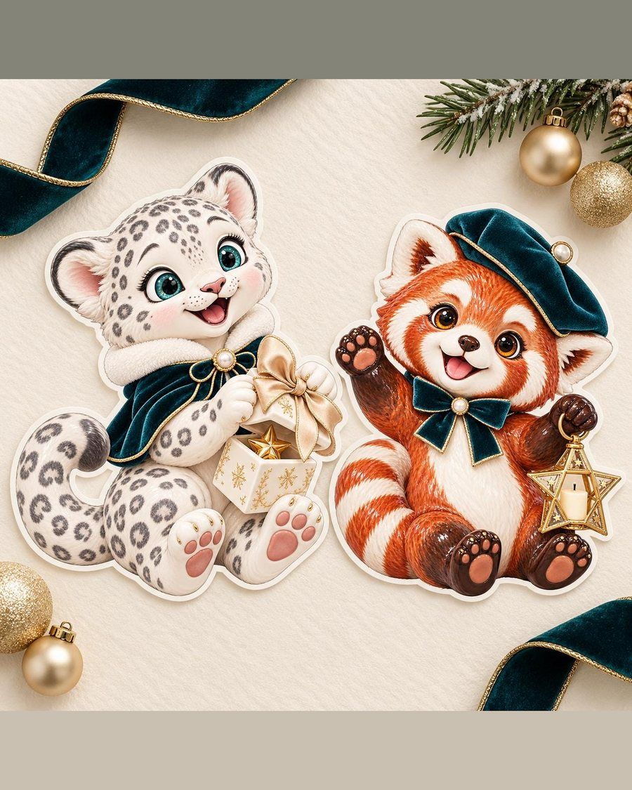 Christmas Animal Clipart, Red Panda Snow Leopard PNG, Cute Winter Animal Clipart, Holiday Card Making PNG, Digital Download
