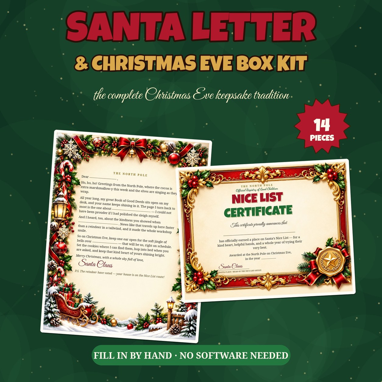 Santa Letter Printable Kit | Letter from Santa, Nice List Certificate, Christmas Eve Box Kit, Reindeer Food Labels, Magic Key, Envelope