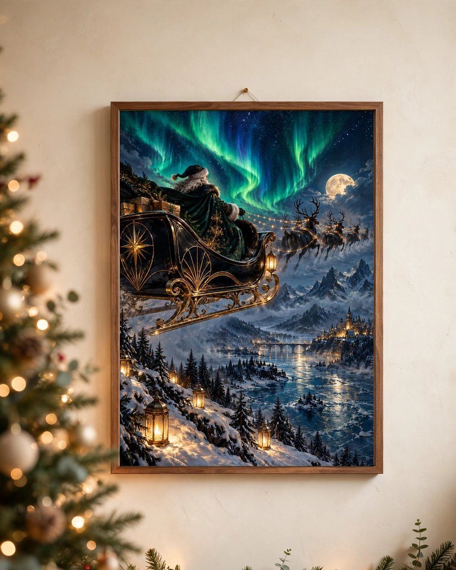 Santa Sleigh Wall Art, Northern Lights Christmas Print, Moody Winter Decor, Vintage Holiday Printable, Digital Download