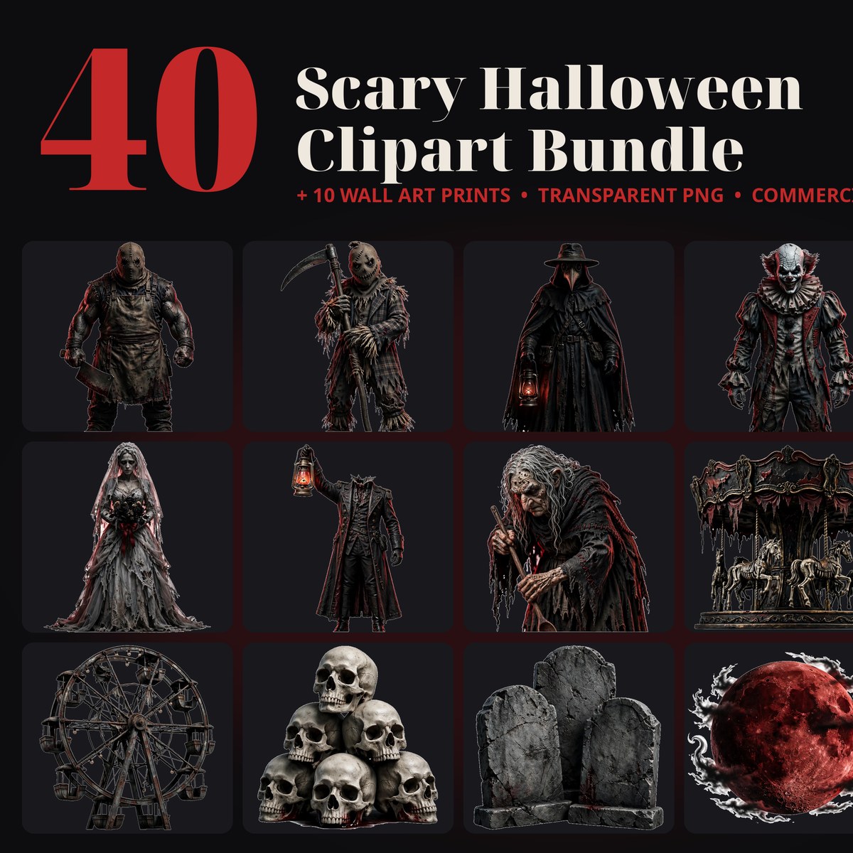 40 Scary Halloween Clipart Bundle, Horror PNG Pack, Haunted Carnival, Plague Doctor, Scarecrow, Creepy Clown, Sublimation, Commercial Use