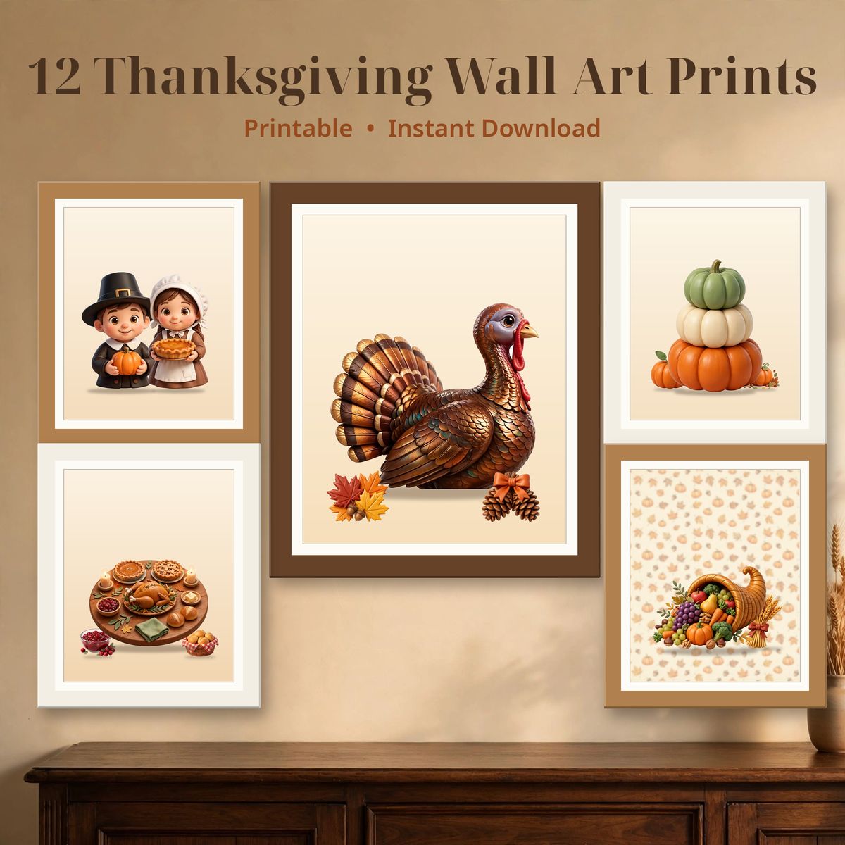 Set of 12 Thanksgiving Wall Art Prints, Cute 3D Turkey & Pumpkin Fall Decor, Printable Dining Room Gallery Wall, Instant Download