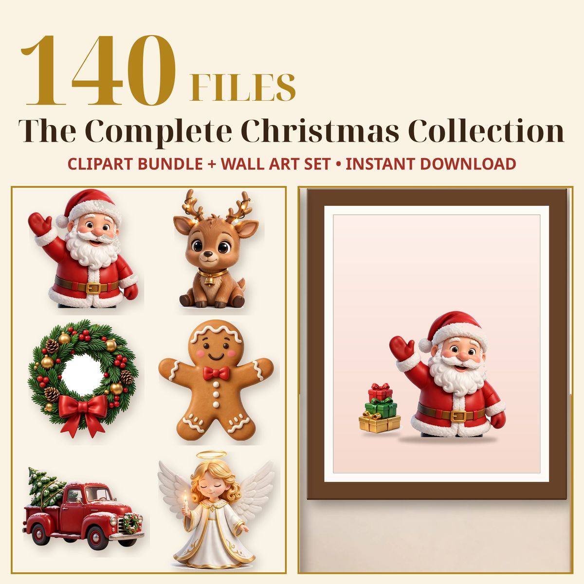 The Complete Christmas Collection, 3D Clipart Bundle + Wall Art Set, 60 PNG & 12 Prints, Transparent, Commercial Use, Instant Download