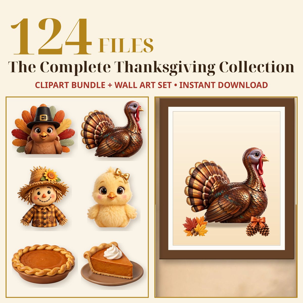 The Complete Thanksgiving Collection, 3D Clipart Bundle + Wall Art Set, 52 PNG & 12 Prints, Transparent, Commercial Use, Instant Download